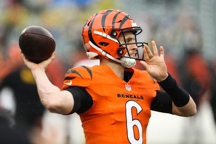Nov 26, 2023; Cincinnati, Ohio, USA; Cincinnati Bengals quarterback Jake Browning (6) warms up before the game against the Pittsburgh Steelers at Paycor Stadium. Mandatory Credit: Joseph Maiorana-USA TODAY Sports